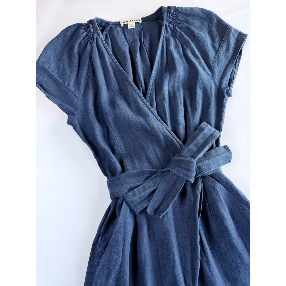 Whistles Etta Jumpsuit Women US 0 Blue Linen Wrap Tie Waist Wide Leg Cap Sleeve - Picture 6 of 16